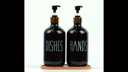 GAONLY Matte Black White Soap Dispenser, 2pcs Bathroom Hand Soap Dispenser, 16.9oz Kitchen Hand and Dish Soap Dispenser Set, Modern Vintage Liquid Brown Soap Dispensers Bottle Bamboo Tray