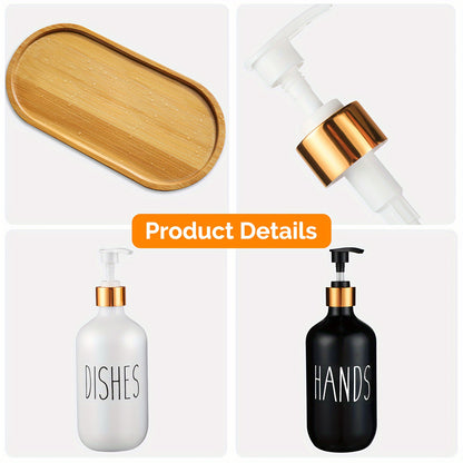 GAONLY Matte Black White Soap Dispenser, 2pcs Bathroom Hand Soap Dispenser, 16.9oz Kitchen Hand and Dish Soap Dispenser Set, Modern Vintage Liquid Brown Soap Dispensers Bottle Bamboo Tray