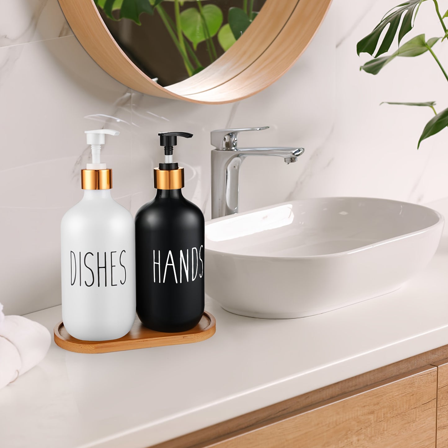 GAONLY Matte Black White Soap Dispenser, 2pcs Bathroom Hand Soap Dispenser, 16.9oz Kitchen Hand and Dish Soap Dispenser Set, Modern Vintage Liquid Brown Soap Dispensers Bottle Bamboo Tray