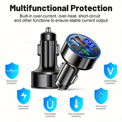 Car Charger With QC3.0 Fast Charging, 1 To 6 Multi-functional Car Adapter With PD Flash Charging And Digital Display