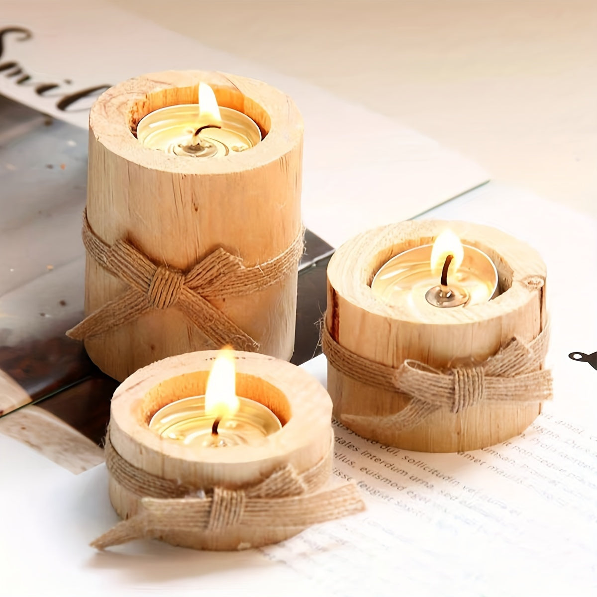 A set of three cylindrical candlesticks, wooden handicrafts, creative pine candlesticks, home decoration, handmade tea wax candle holder ornaments