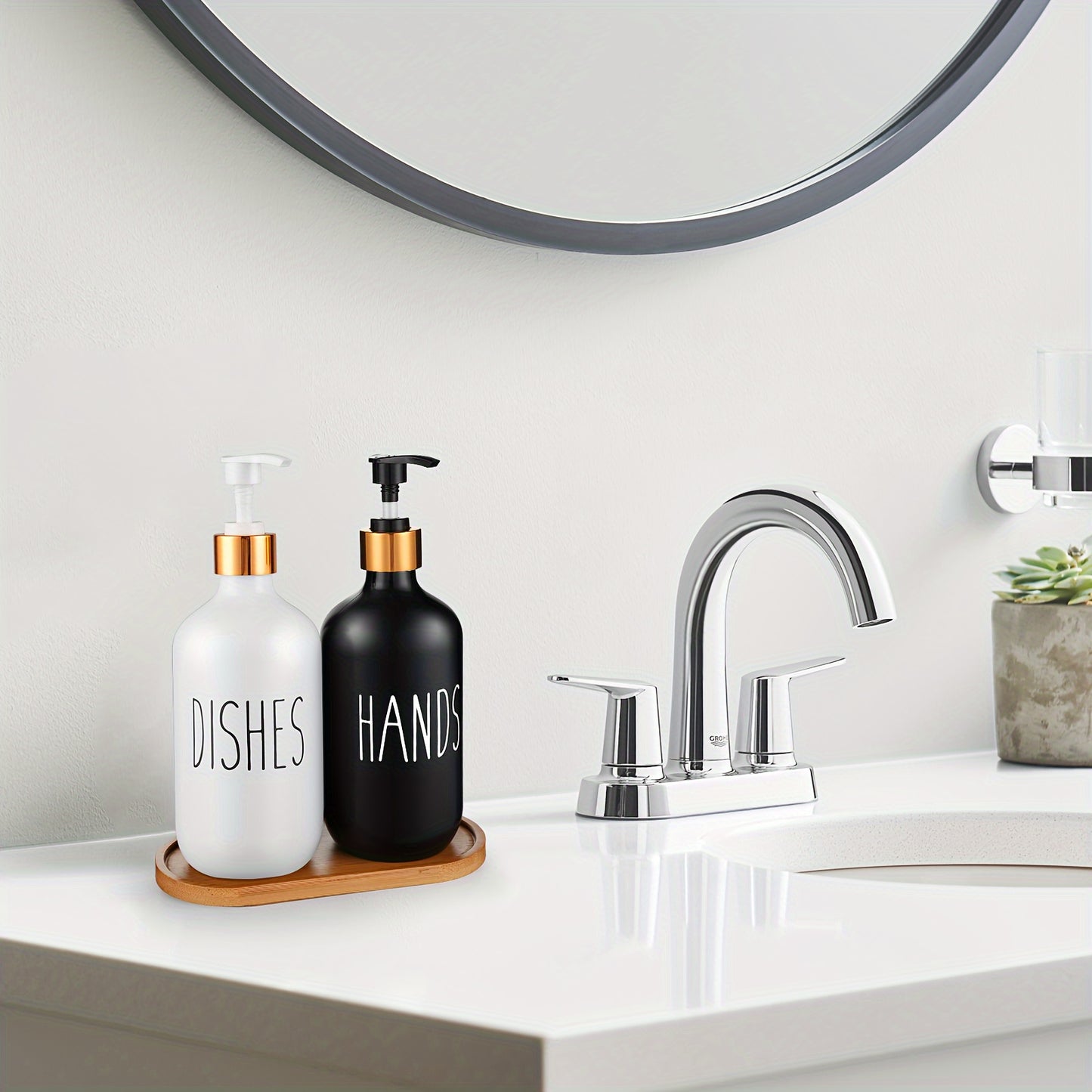 GAONLY Matte Black White Soap Dispenser, 2pcs Bathroom Hand Soap Dispenser, 16.9oz Kitchen Hand and Dish Soap Dispenser Set, Modern Vintage Liquid Brown Soap Dispensers Bottle Bamboo Tray