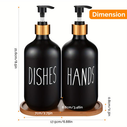 GAONLY Matte Black White Soap Dispenser, 2pcs Bathroom Hand Soap Dispenser, 16.9oz Kitchen Hand and Dish Soap Dispenser Set, Modern Vintage Liquid Brown Soap Dispensers Bottle Bamboo Tray