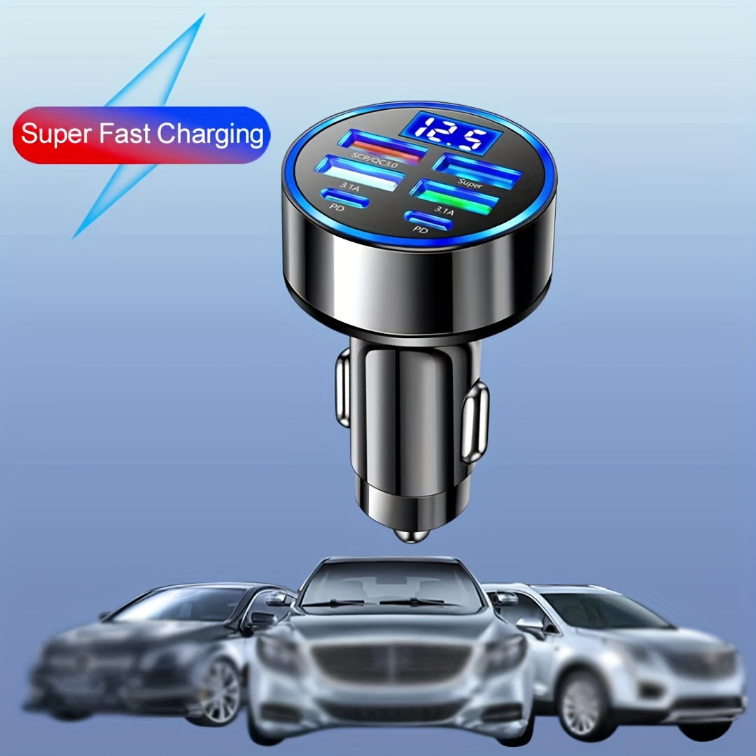 Fast Charge 6-in-1 Car Phone Charger - QC3.0, Dual PD Power Adapter with LED Display for Vehicles