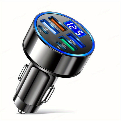 Car Charger With QC3.0 Fast Charging, 1 To 6 Multi-functional Car Adapter With PD Flash Charging And Digital Display