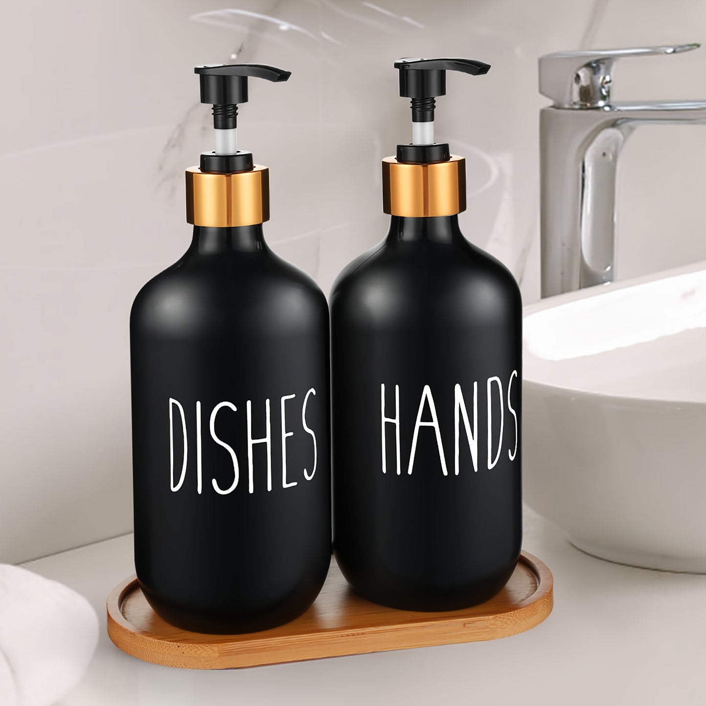 GAONLY Matte Black White Soap Dispenser, 2pcs Bathroom Hand Soap Dispenser, 16.9oz Kitchen Hand and Dish Soap Dispenser Set, Modern Vintage Liquid Brown Soap Dispensers Bottle Bamboo Tray