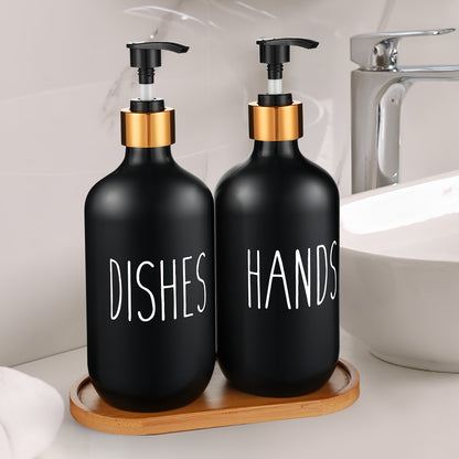 GAONLY Matte Black White Soap Dispenser, 2pcs Bathroom Hand Soap Dispenser, 16.9oz Kitchen Hand and Dish Soap Dispenser Set, Modern Vintage Liquid Brown Soap Dispensers Bottle Bamboo Tray