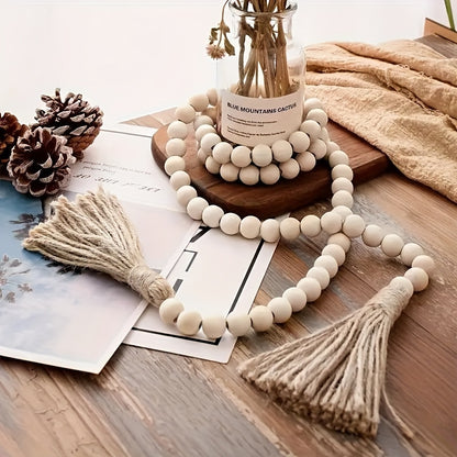 1pc Wooden Bead Garland with Tassel, Rustic Indoor & Outdoor Decor, 12mm Beads, 3D Festive Accent for Living Room, Bedroom, Garden, Lawn, No Feather, No Power Needed