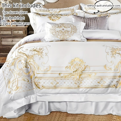 Luxury 4-Piece Bedding Set, 100S Egyptian Cotton, Golden Embroidered, Breathable, Twill Weave, Zippered, Duvet Cover & Pillowcases, No Inserts Included