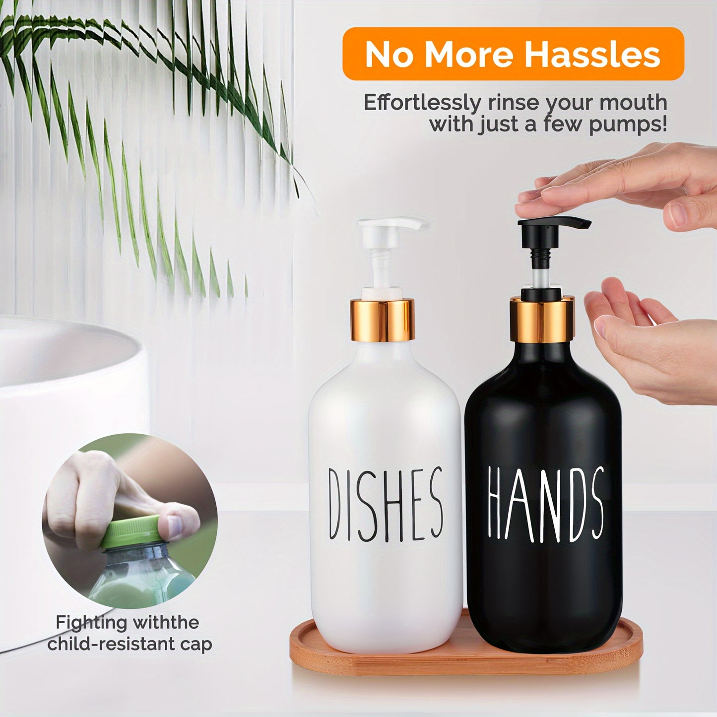 GAONLY Matte Black White Soap Dispenser, 2pcs Bathroom Hand Soap Dispenser, 16.9oz Kitchen Hand and Dish Soap Dispenser Set, Modern Vintage Liquid Brown Soap Dispensers Bottle Bamboo Tray