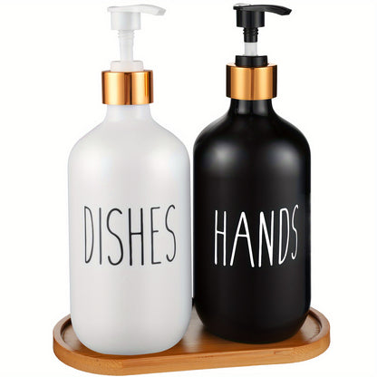 GAONLY Matte Black White Soap Dispenser, 2pcs Bathroom Hand Soap Dispenser, 16.9oz Kitchen Hand and Dish Soap Dispenser Set, Modern Vintage Liquid Brown Soap Dispensers Bottle Bamboo Tray