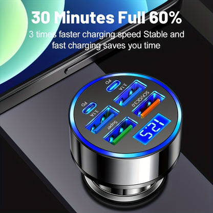 Fast Charge 6-in-1 Car Phone Charger - QC3.0, Dual PD Power Adapter with LED Display for Vehicles