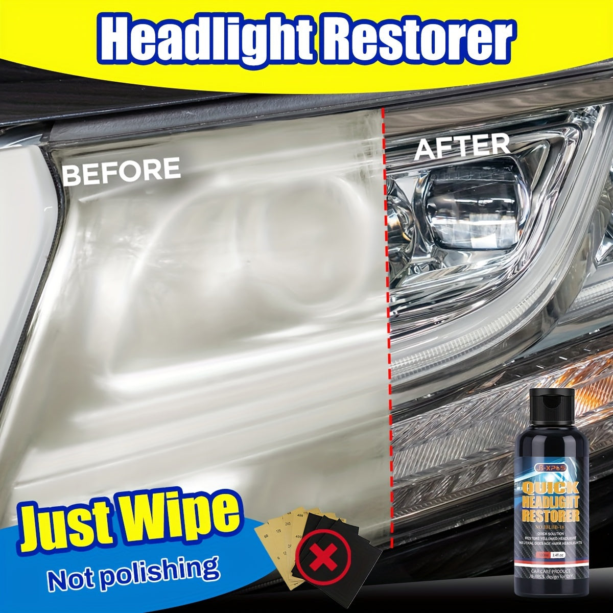 JB-XPCS Headlight Restorer - Easy Wipe, No Polish Needed | Brightens & Protects Against Yellowing | Fit