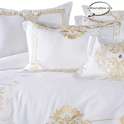 Luxury 4-Piece Bedding Set, 100S Egyptian Cotton, Golden Embroidered, Breathable, Twill Weave, Zippered, Duvet Cover & Pillowcases, No Inserts Included