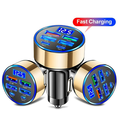 Fast Charge 6-in-1 Car Phone Charger - QC3.0, Dual PD Power Adapter with LED Display for Vehicles