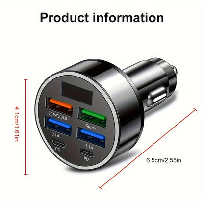 Fast Charge 6-in-1 Car Phone Charger - QC3.0, Dual PD Power Adapter with LED Display for Vehicles